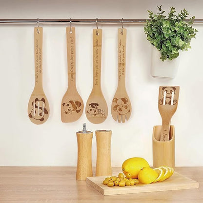 5PCS Panda Wooden Cooking Spoons Kitchen Decor Panda Gifts for Women Men Panda Lovers Birthday Gifts Party Favors Housewarming Wedding Bamboo Cooking Spoons for Everyday Use
