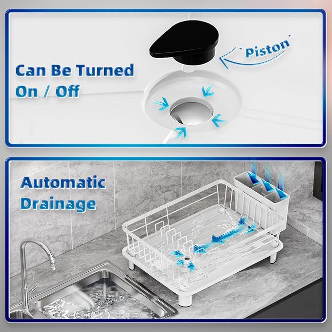 Dish Drying Rack, Stainless Steel-Dish Rack, Dish Racks for Kitchen Counter, Kitchen Dish Drainers with Removable Utensil Holder,New drain outlet,Plate Rack and Drainboard,(White-11" W x 15" L)