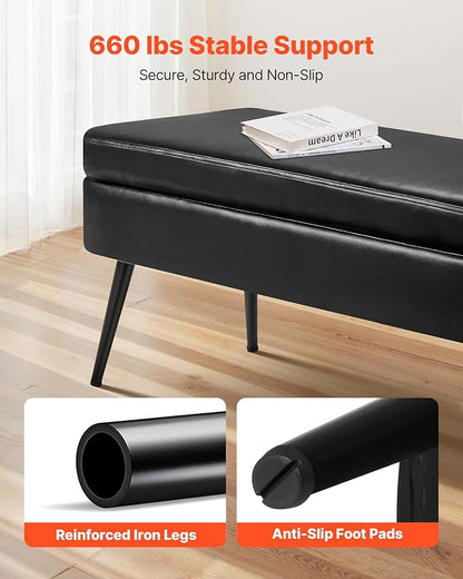 VEVOR Leather Storage Ottoman Bench, PU Leather Bench with Storage and Metal Legs, Modern Shoe Benches Seat for Entryway, Upholstered End of Bed Benches for Living Room, Dining Room, Hallway, Black