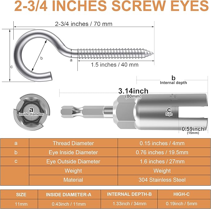 Stainless Steel Storage Hook (26 pcs), Heavy-Duty Metal Hooks, Rust-Resistant Eye Hooks with Wood Terminal Ring, 304 Screw-in Hooks for Indoor and Outdoor Use
