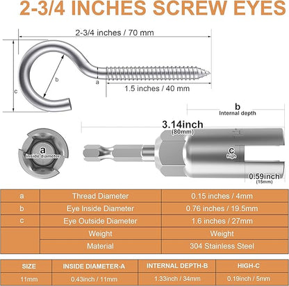 Stainless Steel Storage Hook (26 pcs), Heavy-Duty Metal Hooks, Rust-Resistant Eye Hooks with Wood Terminal Ring, 304 Screw-in Hooks for Indoor and Outdoor Use