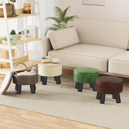 Small Foot Stool Ottoman with Storage, Faux Leather Ottoman Foot Rest for Couch, Round Footstool Ottomans for Living Room (Brown)