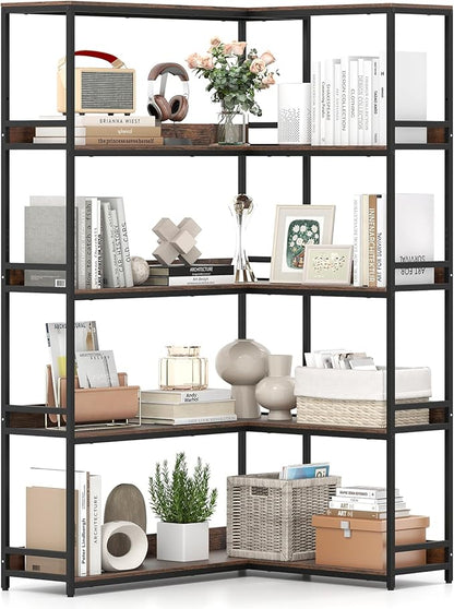 Giantex 5-Tier Corner Bookshelf, 71" L-Shaped Bookcase, Tall Etagere Bookshelf with Metal Frame, Industrial Open Display Shelf, Vertical Storage Rack for Living Room, Study, Office (Rustic Brown)