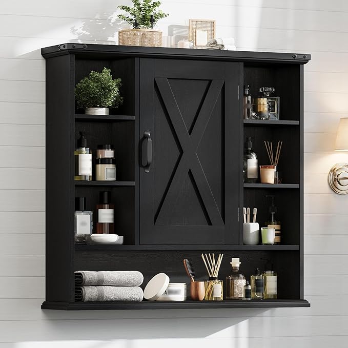 Bathroom Wall Cabinet, Farmhouse Medicine Cabinet with Adjustable Shelves and Barn Doors, Large Wall Mounted Over The Toilet Storage Cabinet for Bathroom, Laundry Room, Kitchen, Rustic Black