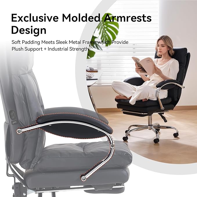 LEAGOO Heated Massage Office Chair with Foot Rest, Reclining Ergonomic Executive Office Chair with Massager for Lower Back, High Back PU Leather Comfy Heated Computer Desk Chair with Arms, Black