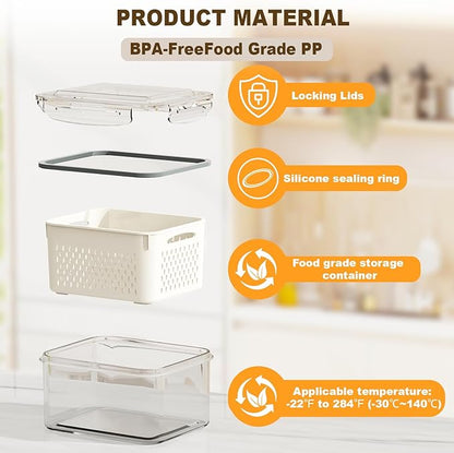 8 Pcs Fruit Storage Containers for Fridge (with Drain Basket) - Leak-Proof Food Containers, BPA-Free, Keep Fruits, Vegetables, Berries, and Meats Fresh for a Long Time, Dishwasher and Microwave Safe