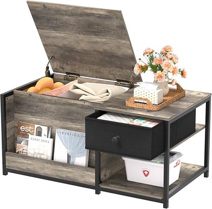 SINPAID Coffee Table with Storage, Rectangular Coffee Tables for Living Room, Farmhouse Coffee Table with Hidden Storage Compartment and Adjustable Shelves, Grey Wash