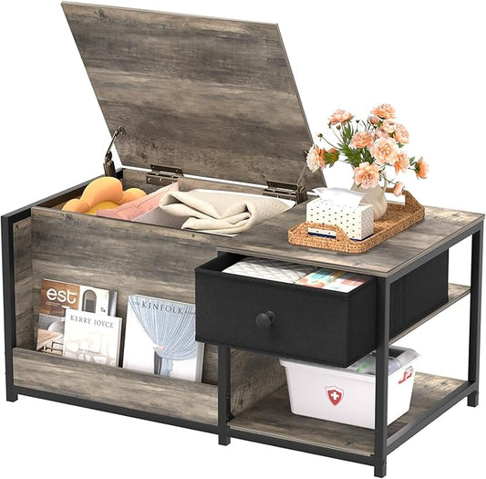 SINPAID Coffee Table with Storage, Rectangular Coffee Tables for Living Room, Farmhouse Coffee Table with Hidden Storage Compartment and Adjustable Shelves, Grey Wash