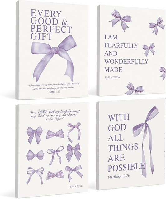 LARTSFRO Coquette Purple Bow Canvas Wall Art Decor Prints Posters, Purple Bow Room Bedroom Bathroom Dorm Wall Art Decor Aesthetic for College Teen Girls Gifts, Inspirational Bible Verses Bow Wall Decor, 11x14 Inch Set of 4 Pcs Bow Pictures (Canvas Fram...