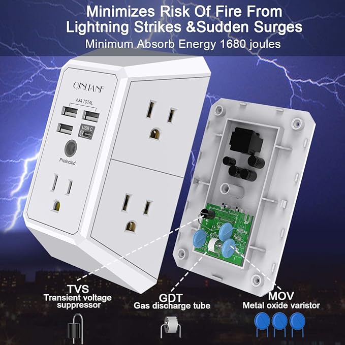 Wall Charger, Surge Protector, QINLIANF 5 Outlet Extender with 4 USB Charging Ports (4.8A Total) 3-Sided 1680J Power Strip Multi Plug Adapter Spaced for Home Travel Office (3U1C)