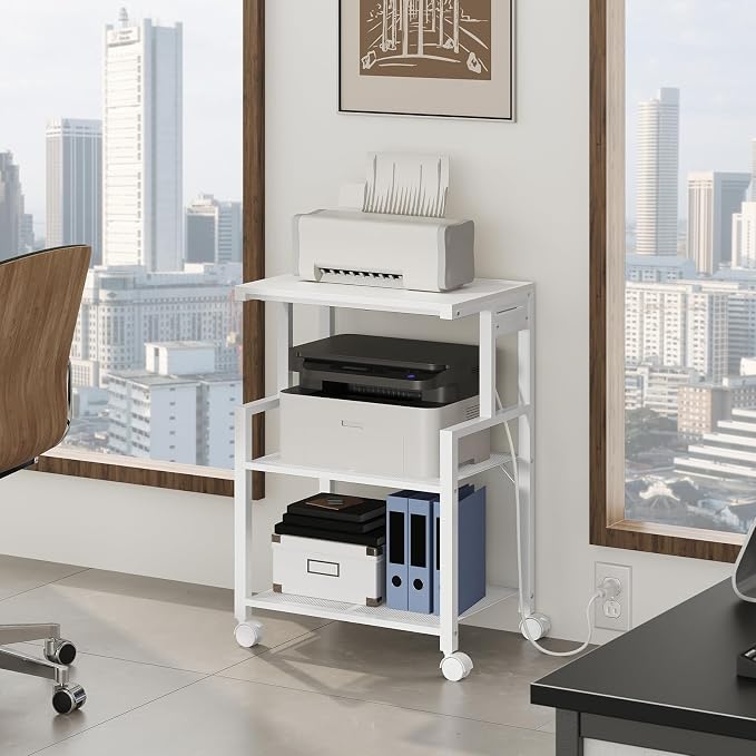MAHANCRIS Mobile Printer Stand, 3-Tier Industrial Printer Cart with 2 AC Outlets and 2 USB Ports, Rolling Printer Table on Wheels for Home Offices Kitchen Organization Rack, White PTWT78E01