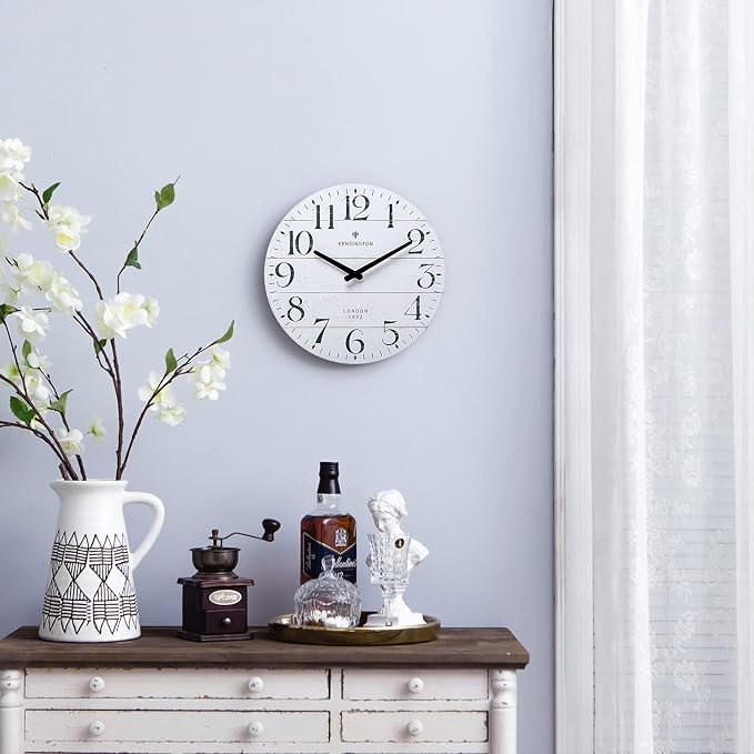 NIKKY HOME Farmhouse White Wall Clock - 12 Inch Quartz Battery Operated Vintage Wooden Decorative Silent Analog Clock for Kitchen, Living Room, Bedroom, Office