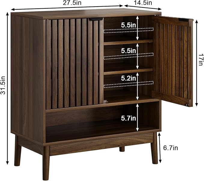 Shoe Cabinet with Slatted Doors, 4 Tier Freestanding Shoe Cabinet Storage for Entryway, Narrow Entryway Shoe Organizer Cabinets with Shelves (Walnut, 27.6" Wide)