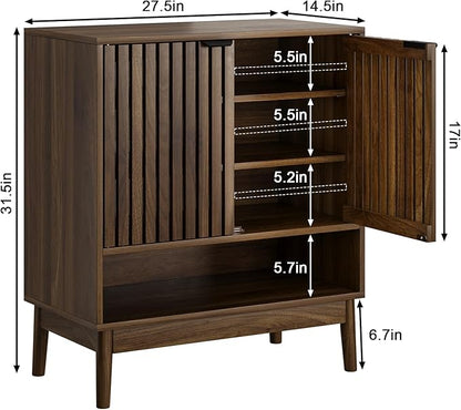 Shoe Cabinet with Slatted Doors, 4 Tier Freestanding Shoe Cabinet Storage for Entryway, Narrow Entryway Shoe Organizer Cabinets with Shelves (Walnut, 27.6" Wide)