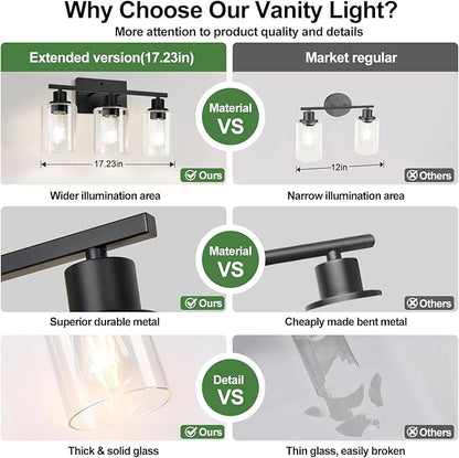3-Light Bathroom Light Fixtures, Vanity Light with Clear Glass Shades, Matte Black Bathroom Light Fixtures Over Mirror, Modern Bathroom Wall Lamp for Mirror Living Room Cabinet Bedroom