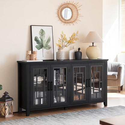 Large Sideboard Buffet Cabinet with Storage, 63" Black Farmhouse Kitchen Coffee Wine Bar Cabinet with 4 Glass Doors, Mid Century Modern Wooden Side Board Table for Dining Room, Living Room