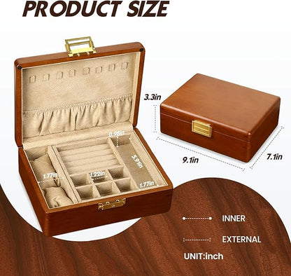 Wooden Jewelry Box with Lock,Double Layer Solid Walnut Wood Jewelry Organizer With Key Velvet Lining for Earrings Rings Necklaces Bracelets Cufflink Pendants Gift Idea Men Women