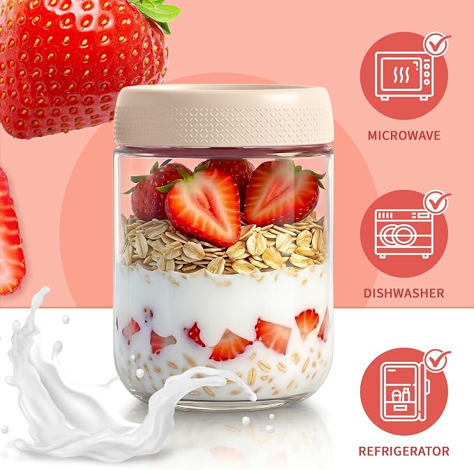 Overnight Oats Containers with Lids, 16oz Glass Storage Containers with Lids, Wide Mouth Mason Jars, Glass Jars with Airtight Lids for Sugar, Yogurt, Chia Seed, Pudding, Meal Prep 6-Pack