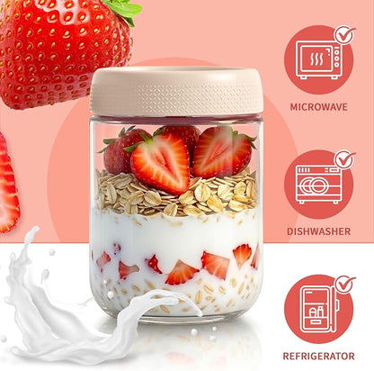 Overnight Oats Containers with Lids, 16oz Glass Storage Containers with Lids, Wide Mouth Mason Jars, Glass Jars with Airtight Lids for Sugar, Yogurt, Chia Seed, Pudding, Meal Prep 6-Pack