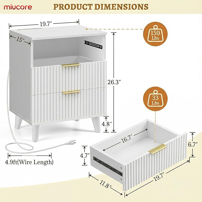 White Fluted nightstands Set of 2, 20 inch Modern Nightstand with Charging Station Wood Bedside End Table with 3 Large Storage Drawers, Tall Side Table for Bedroom Sofa Office