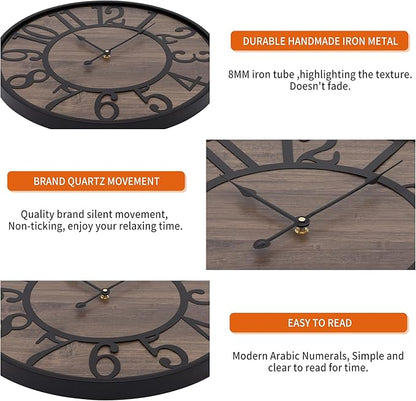 LEIKE Large Wall Clock,Silent,Non Ticking,Battery Operated Round Modern Big Wood Wall Clocks for Living Room, Bedroom,Kitchen,Farmhouse,Office,Rustic Home Decor-16 Inch/40CM-Black-Arabic Number