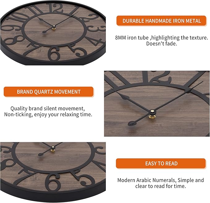 LEIKE Large Wall Clocks,Non Ticking Silent,Battery Operated Small Round Modern Wood Wall Clock for Living Room, Bedroom,Kitchen,Farmhouse,Office Vintage Home Decor-13.5 Inch/34CM-Black-Arabic Number