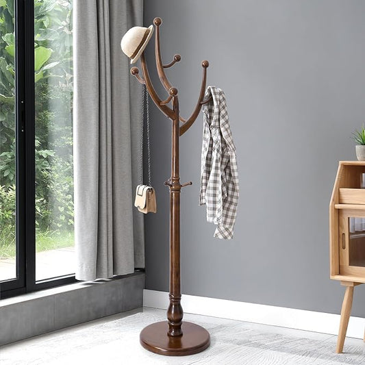 Bekrvio Wood Freestanding Coat Rack Coat Tree with Round Base, Walnut | Unique Coat Hanger Stand, Heavy Duty Standing Coat Rack, For Jacket, Hat, Bags For Entryway, Hallway, Bedroom, Apartment