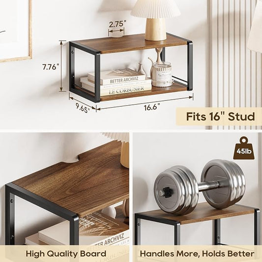 Floating Nightstand Set of 2, Wood Bedside Shelf Wall Mounted Nightstand with Heavy-Duty Frame, Floating Bedside Table for Bedroom, Bathroom, Kitchen, (Vintage Brown, 2 Pack)