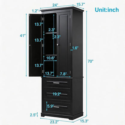 Storage Cabinet, Tall Bathroom Cabinet with Adjustable Shelf | Tall storage cabinet, upper enclosed cabinet and 3 pull-out compartments keep daily essentials organized
