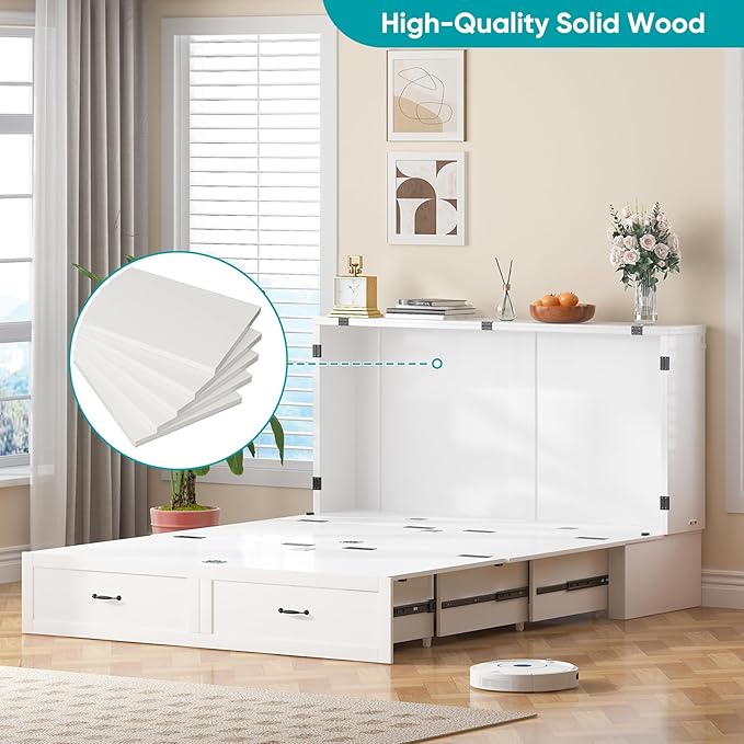 BALUS Murphy Bed Queen with USB Charging Station, Murphy Cabinet with 2 Storage Drawers, Hideaway Foldable Wall Cabinet Bed Chest for Living Room Bedroom Home Office (No Mattress, White)