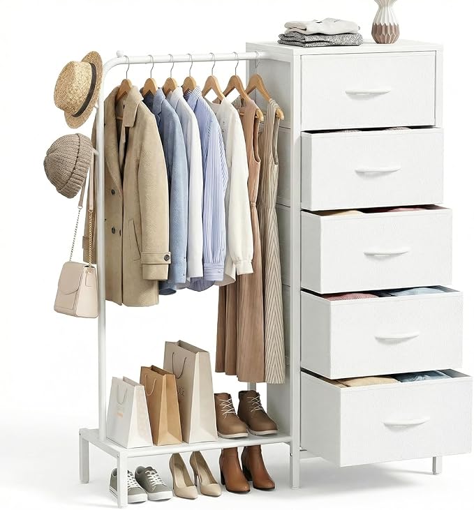 Snughome Dresser with Hanging Rack, Clothes Hanging Rack with 5 Drawers, White Dresser with Clothes Rack, Fabric Storage Chest of Drawers, Small Dresser for Bedroom, Apartments, Entryway Living Room