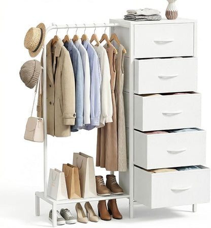 Snughome Dresser with Hanging Rack, Clothes Hanging Rack with 5 Drawers, White Dresser with Clothes Rack, Fabric Storage Chest of Drawers, Small Dresser for Bedroom, Apartments, Entryway Living Room