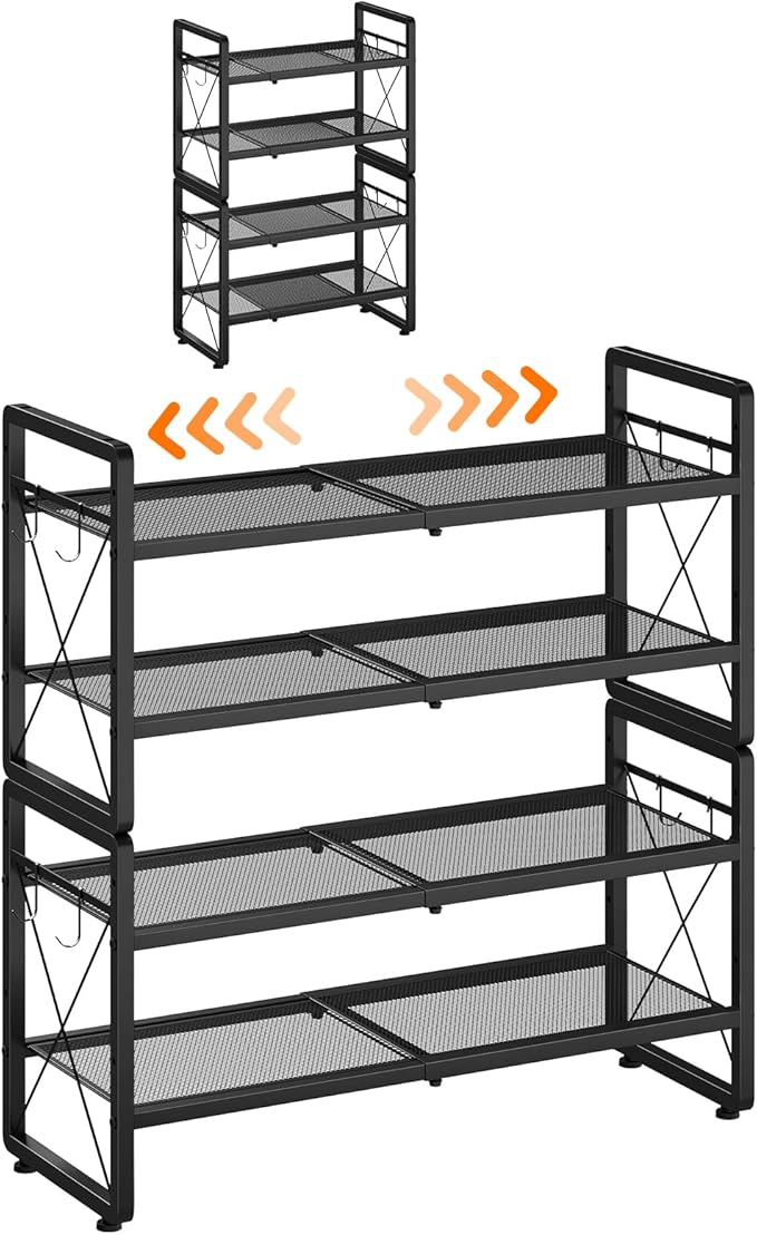 ELYKEN Shoe Rack, 4-Tier Expandable Shoe Organizer for Entryway, Metal Black Shoe Shelf with 4 Hooks, Adjustable Shoe Stand Holder for Closet, Garage, Door Entrance