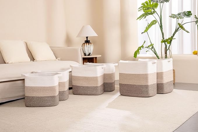 Laughbird Storage Baskets for Clothes Fabric Cotton Rope Storage Basket with Handles, Decorative Woven Basket for Living Room,Closet Organizer Blankets, and 2bags (Gradient Brown, L17.8×W12.5×H17.9)