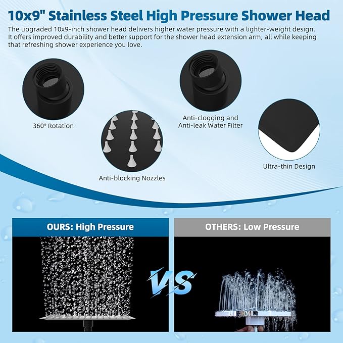 Hibbent All Metal cUPC Certified Shower Head, 10'' High Pressure Rain Shower Head, Handheld Showerhead Combo with 16'' Adjustable Extension Arm, 10 Sprays, 71'' Hose, Showerhead Holder, Matte Black