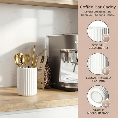 Ceramic Spoon Holder for Coffee Bar, Upright Tea Spoon Holder Cup, Coffee Stirrers Straws Stir Stick Holder, Cement Grey Fluted Surface