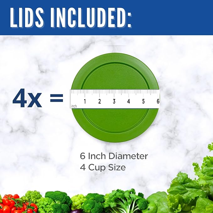 Replacement Lids fits Pyrex 4-Cup Glass Food Storage Container Bowls, 6-Inch Plastic Round Lids Covers for Pyrex 7201-PC, Airtight & Leakproof (4-Pack, Green)