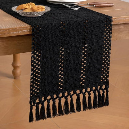 Socomi Boho Table Runner Macrame Valentine's Day Farmhouse Woven Cotton Linen Rustic Coffee Table Runner with Tassels for Small Dresser Scarf Home Decor Dining Room 12x72 inch Black