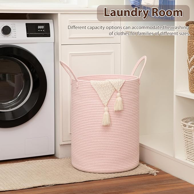 OIAHOMY Large Laundry Basket Hamper - 100L Cotton Rope Woven Basket for Blankets, Toys, Clothes - Tall Decorative Nursery Hamper with Long Handles, Pink