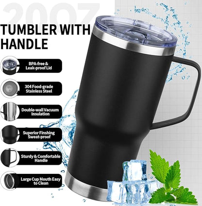20oz Insulated Tumbler with Handle Stainless Steel Travel Coffee Mug with Lid and Straw Double Wall Vacuum Leak-proof Reusable Thermal Water Cup for Hot and Cold Drinks (Black,1 Pack)