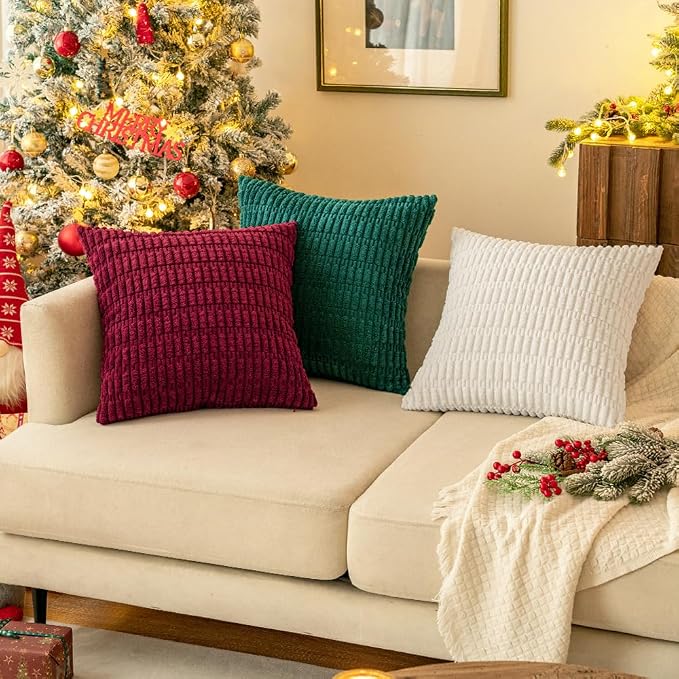 MIULEE Pack of 2 Burgundy Corduroy Decorative Pillow Covers 16x16 Inch Soft Boho Striped Throw Pillow Covers Modern Farmhouse Home Decor for Sofa Living Room Couch Bed