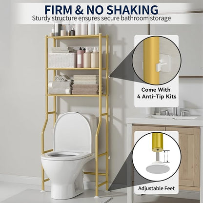 GloTika 3-Tier Over Toilet Storage Rack, Metal Over Toilet Bathroom Organizer Shelf, Freestanding Space Saver Storage Shelves for Bathroom/Laundry/Living Room (Gold)