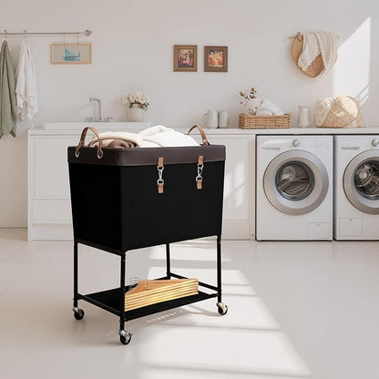 StorageWorks Laundry Cart, 2 Tier Rolling Laundry Basket, Heavy Duty Laundry Basket with Lockable Wheels, Laundry Room Organization and Storage, Clothes Hamper for Bedroom, Dorm, Closet, 29Gal, Black