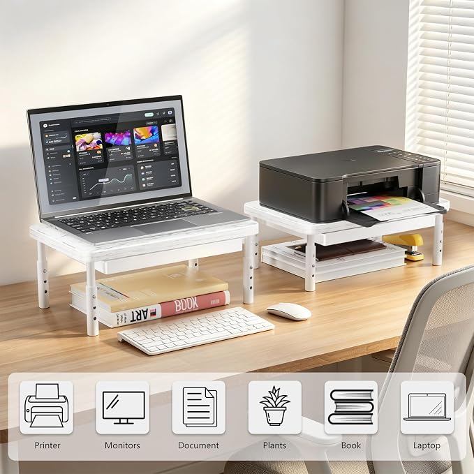 WALI Computer Monitor Stand with Storage, Desk Monitor Riser 3 Height Adjustable, Laptop Riser with Airflow Vents, Desk Organizer for Computer, Laptop, Printer (PTT002-M), 1 Pack, Marble