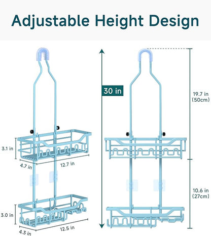 Upgraded Extended Length Shower Organizer with Hooks, Rustproof Shampoo Soap Holder, Large Hanging Bathroom Caddy, Blue