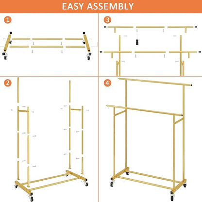 Calmootey Double Rod Clothing Garment Rack,Rolling Hanging Clothes Rack,Portable Clothes Organizer for Bedroom,Living Room,Clothing Store,Gold
