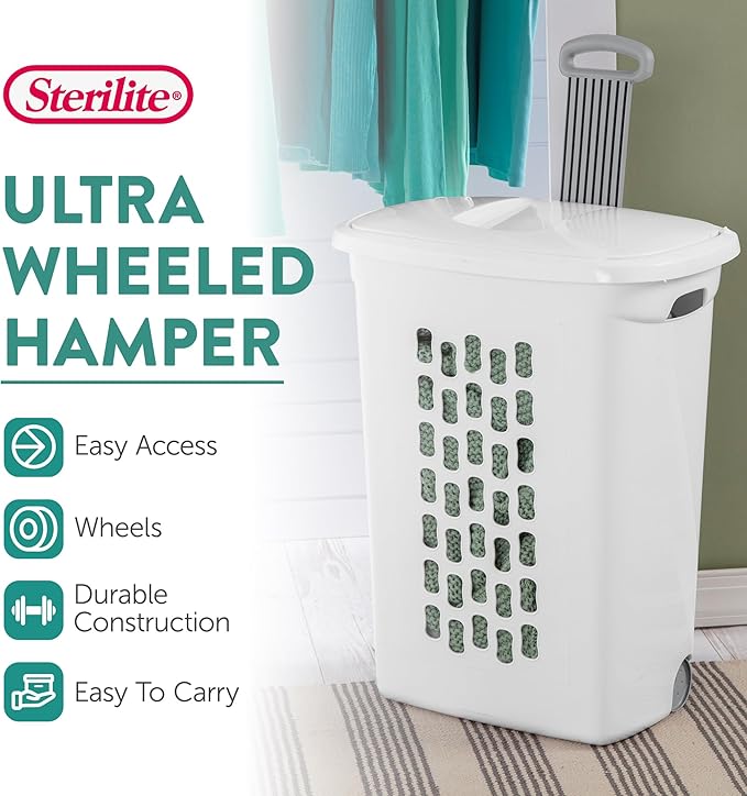 Sterilite 6-Pack Ultra Wheeled Hamper, Laundry Basket w/Flip-Top Lid & Retractable Handle - Plastic Rolling Clothes Storage Cart with Ventilated Holes for Home, Apartment or Dorm