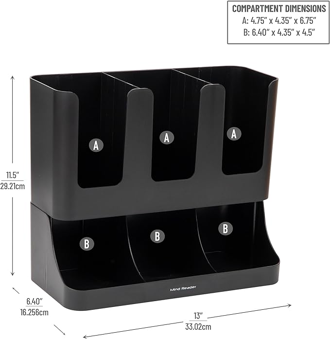 Mind Reader Condiment Station, 13 Inch Countertop Coffee Bar Organizer with 6 Compartments, Storage Caddy for Cups, Lids and Packets, Plastic, Black