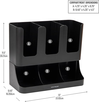 Mind Reader Condiment Station, 13 Inch Countertop Coffee Bar Organizer with 6 Compartments, Storage Caddy for Cups, Lids and Packets, Plastic, Black
