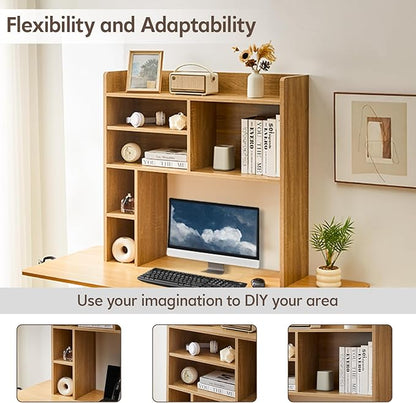 Desktop Bookshelf, Wooden Desk Hutch with 7 Shelves, 35.4" 3-Tier Desk Organizer and Storage Shelf for College Dorm Office Home (Natural)